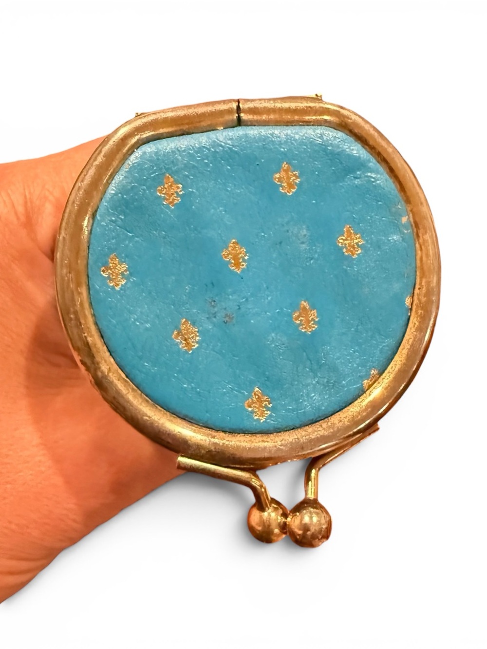 Vintage Made in Italy Genuine Leather Kiss Lock Mini Pouch Coin Purse Blue Gold - Picture 5 of 7